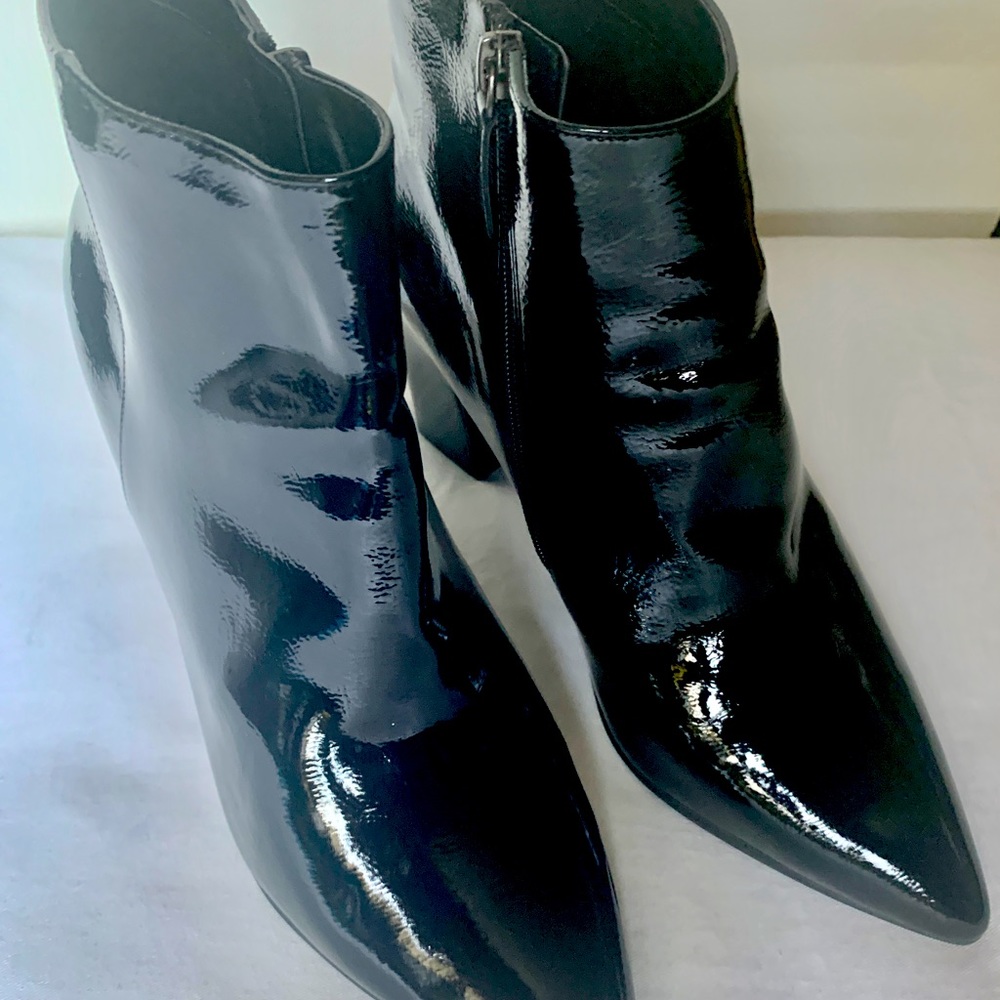 Black patent leather 3 1/2 inch heel ankle boots in size 11.